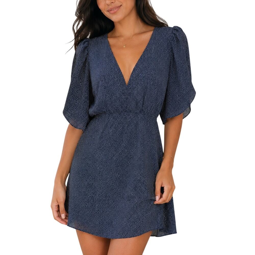 Abercrombie Navy Polka Dot Mini Dress Coastal Preppy Puff Sleeve Large